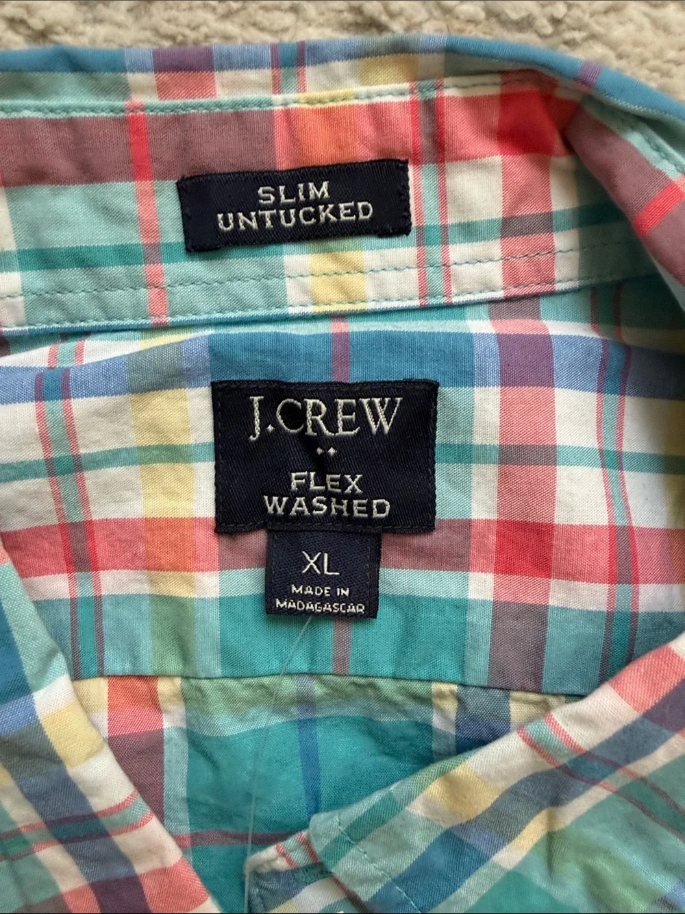 J. Crew Teal, Red & White Plaid Button-Down Slim Fit Untucked Shirt - Size XL